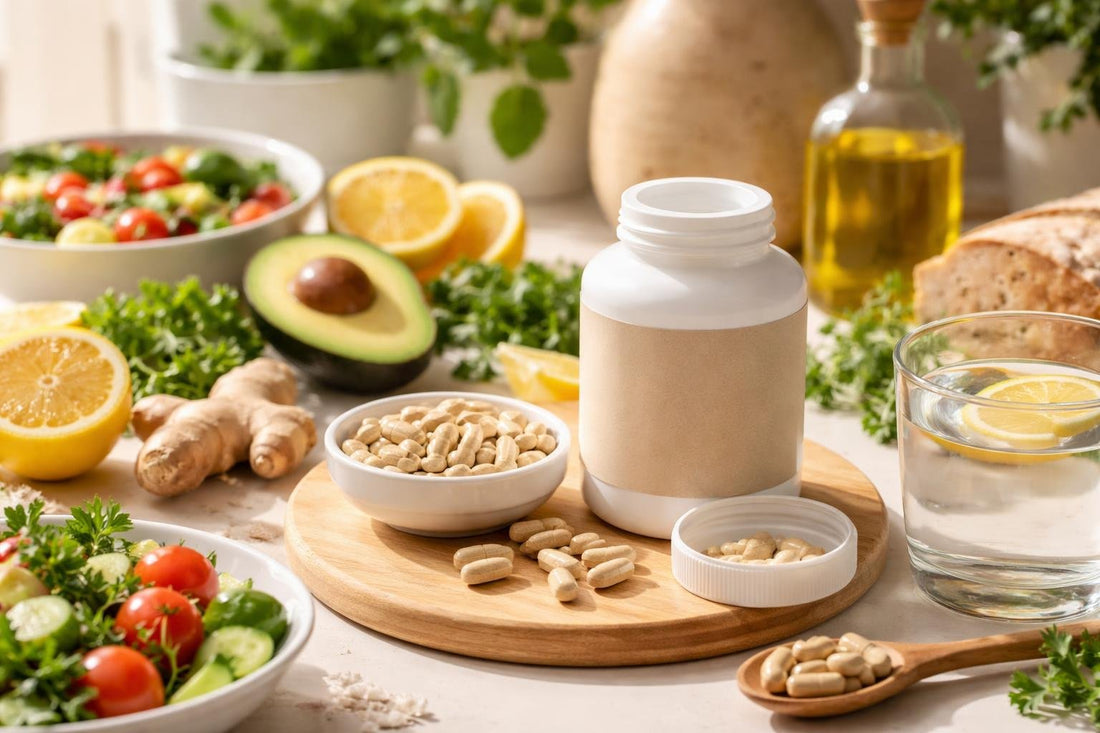 Digestive enzyme capsules beside seasonal UK meal ingredients