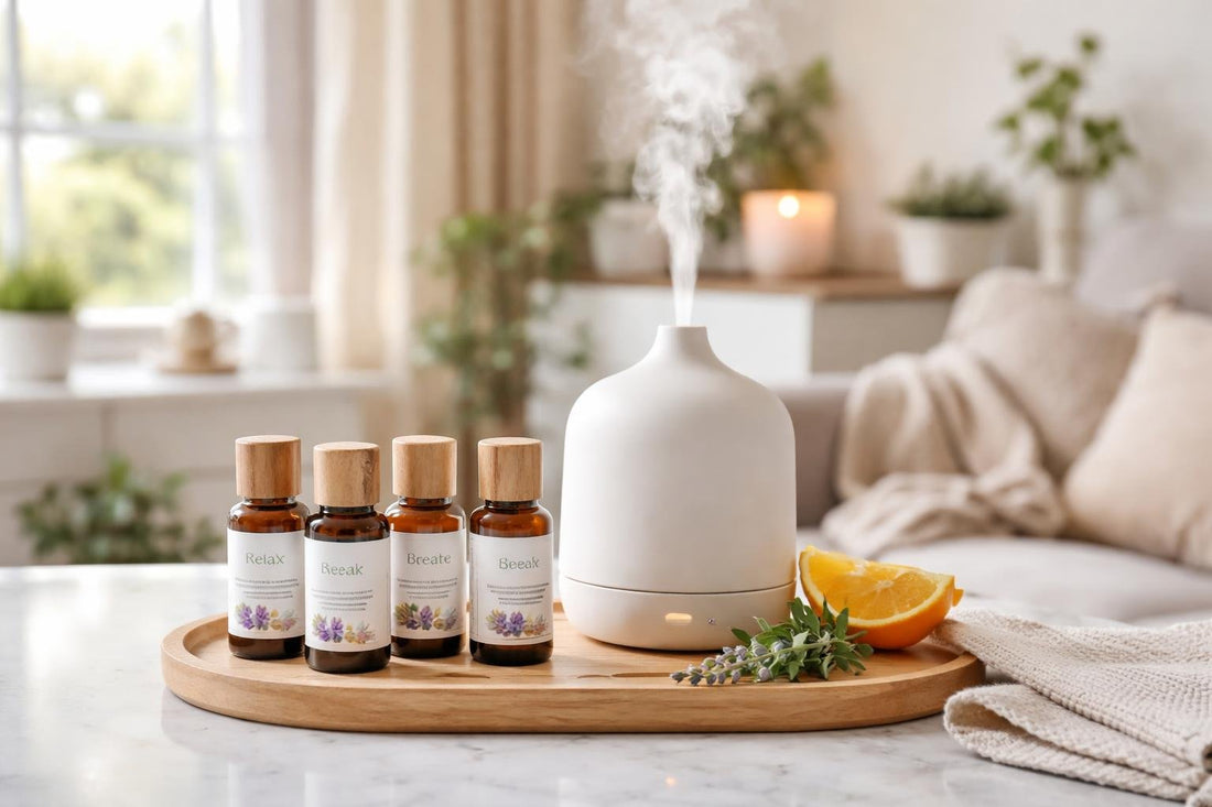 Seasonal essential oil blends diffusing in a cosy UK home