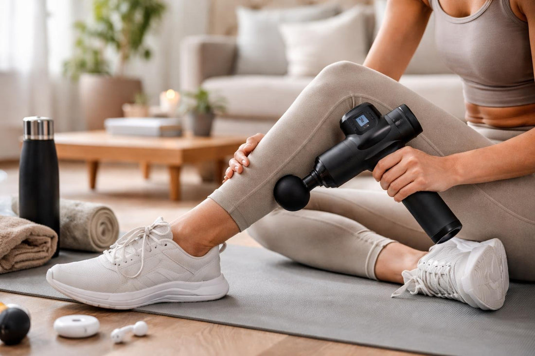 Handheld massager used on calf after home workout