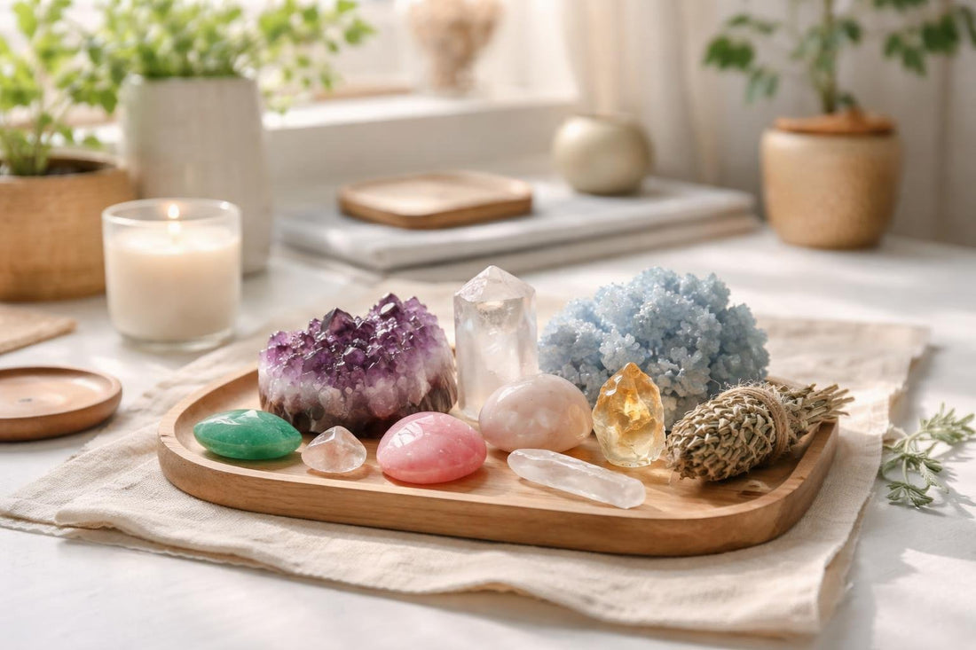 Seasonal healing crystals arranged for calm home ritual