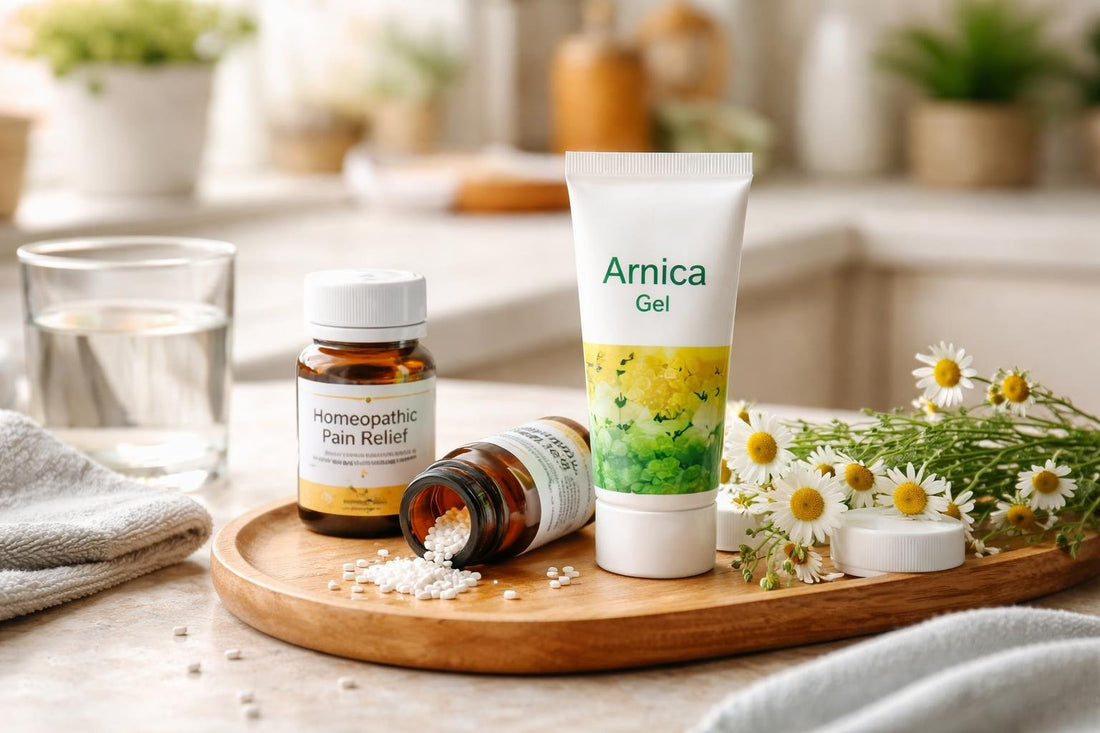 Homeopathic tablets and topical gel for seasonal aches