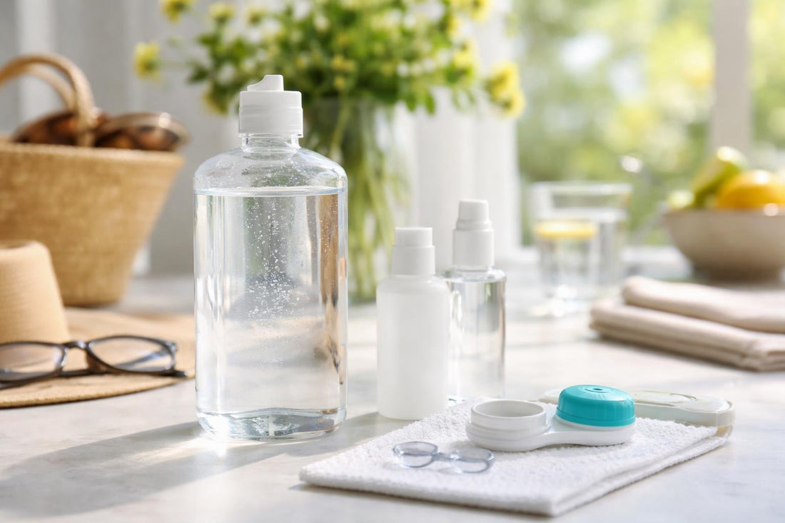 Contact lens cleaner solutions beside case for summer hygiene