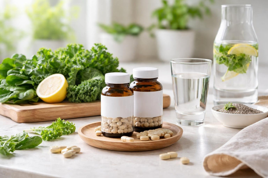 Seasonal minerals and capsules beside leafy greens and water