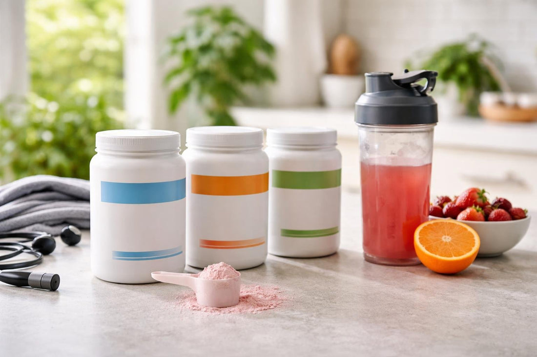 Pre-workout powder scoop beside shaker for seasonal training