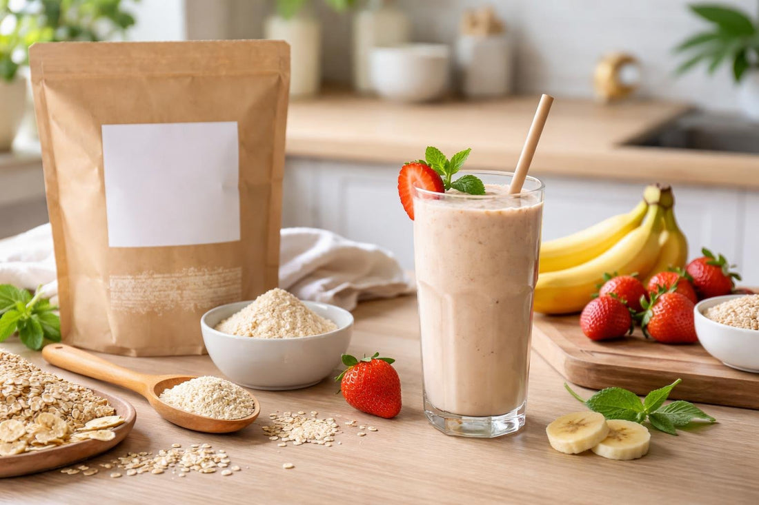 Smooth rice protein powder shake with seasonal fruit