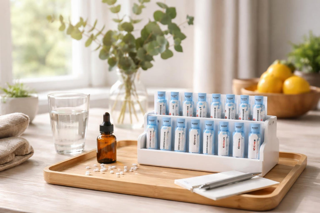 Seasonal single homeopathic remedies collection neatly organised at home