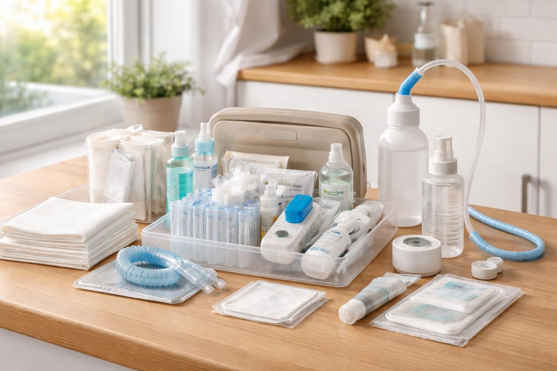 Seasonal tracheostomy care kit essentials laid out neatly