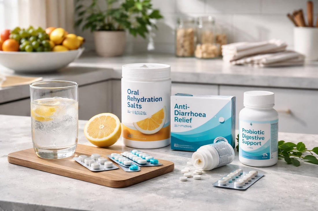 Seasonal tummy upset essentials with oral rehydration and tablets