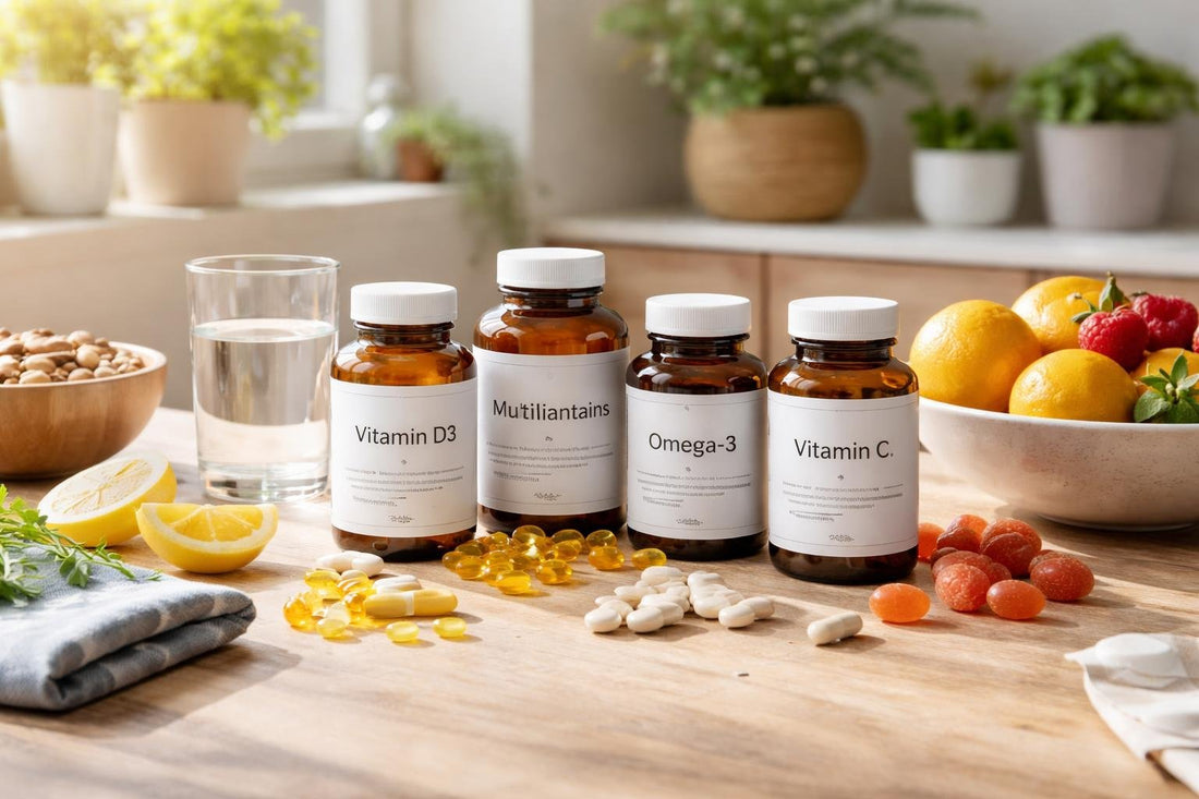 Seasonal vitamins and supplements arranged on a kitchen table