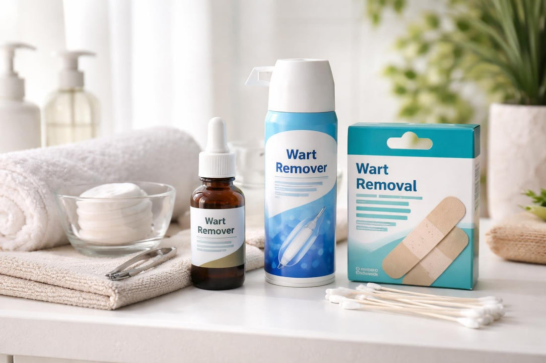 Seasonal at-home wart removal products on bathroom shelf