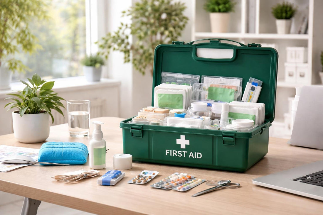 Seasonal workplace first aid kit essentials on a clean desk