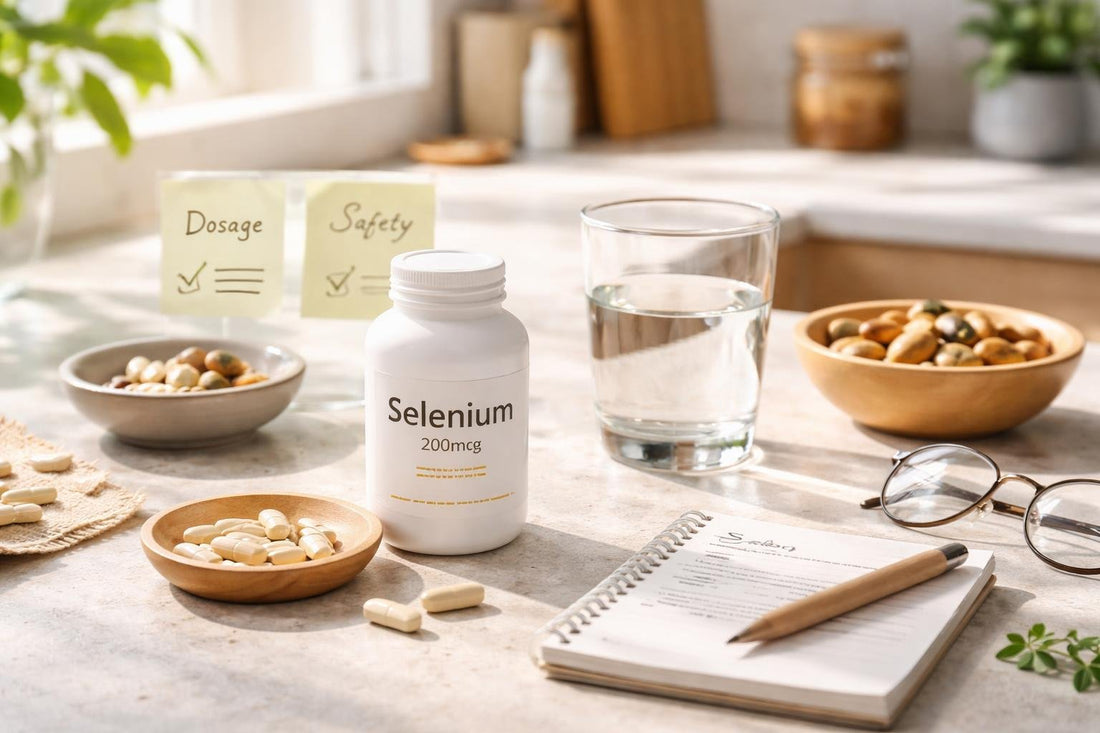 Selenium supplement capsules with dosage tips and safety notes