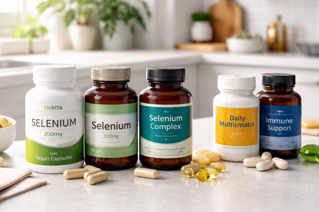 Selenium supplement bottles and capsules