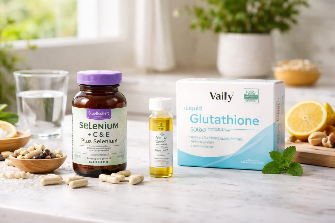 Selection of selenium supplement bottles and capsules