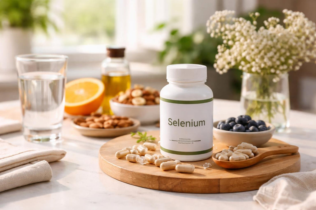 Selenium mineral supplement capsules with seasonal wellness essentials