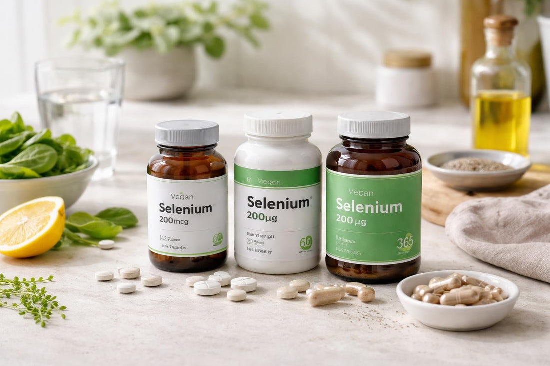 Assorted vegan selenium supplements and capsules on table