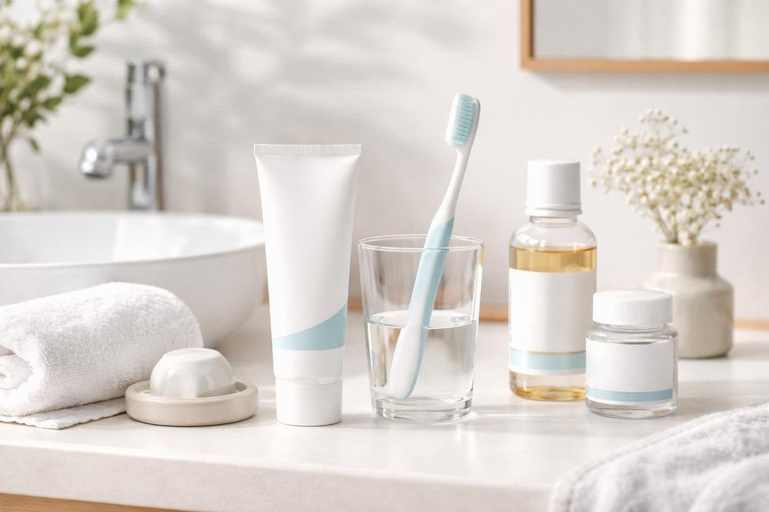 Sensitivity toothpaste and soft toothbrush on bathroom sink