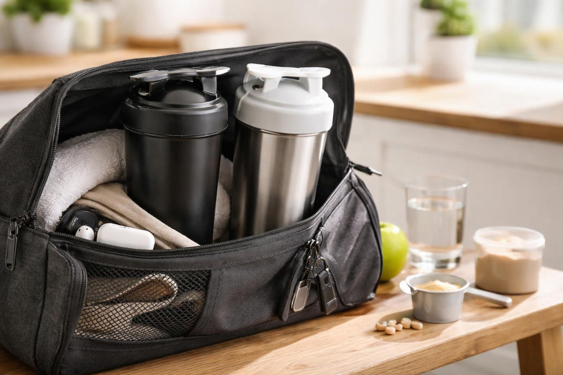 Sports shaker bottles in commuter bag, leak-proof testing