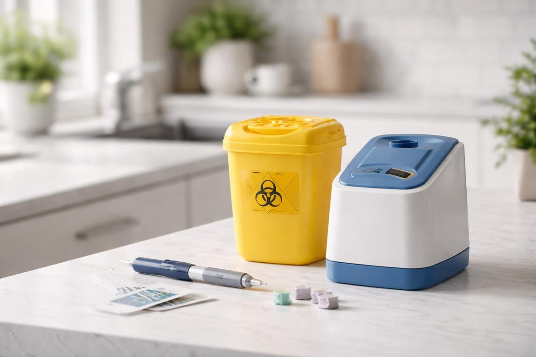 Sharps container and needle destruction device on home counter