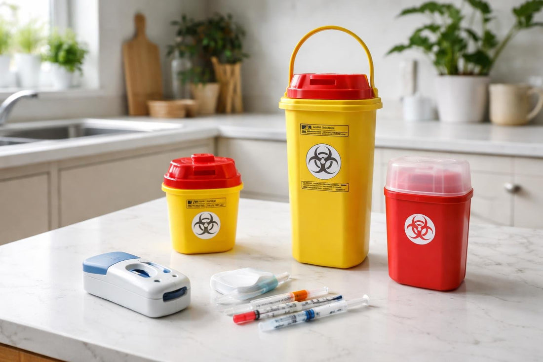 Portable sharps containers and needle clipper for home disposal