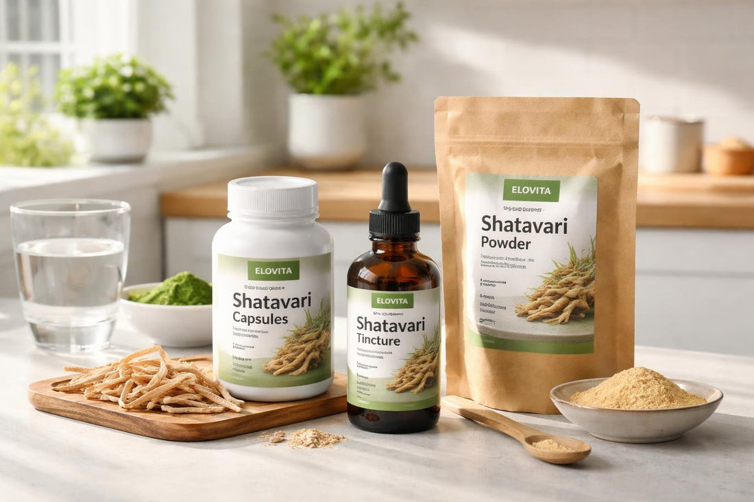 Shatavari supplement bottles and dried root