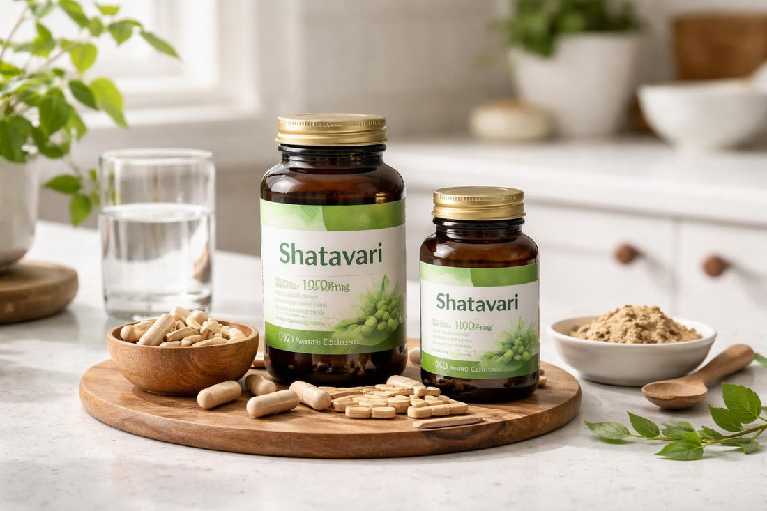 Shatavari supplement bottles, capsules and dried root