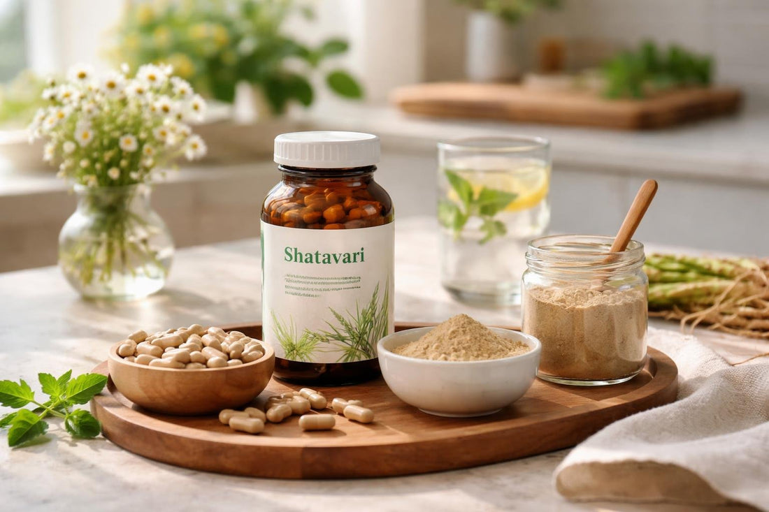 Shatavari herbal supplement capsules and powder for seasonal wellness