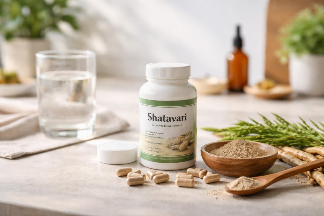 Shatavari supplement bottle and capsules on table