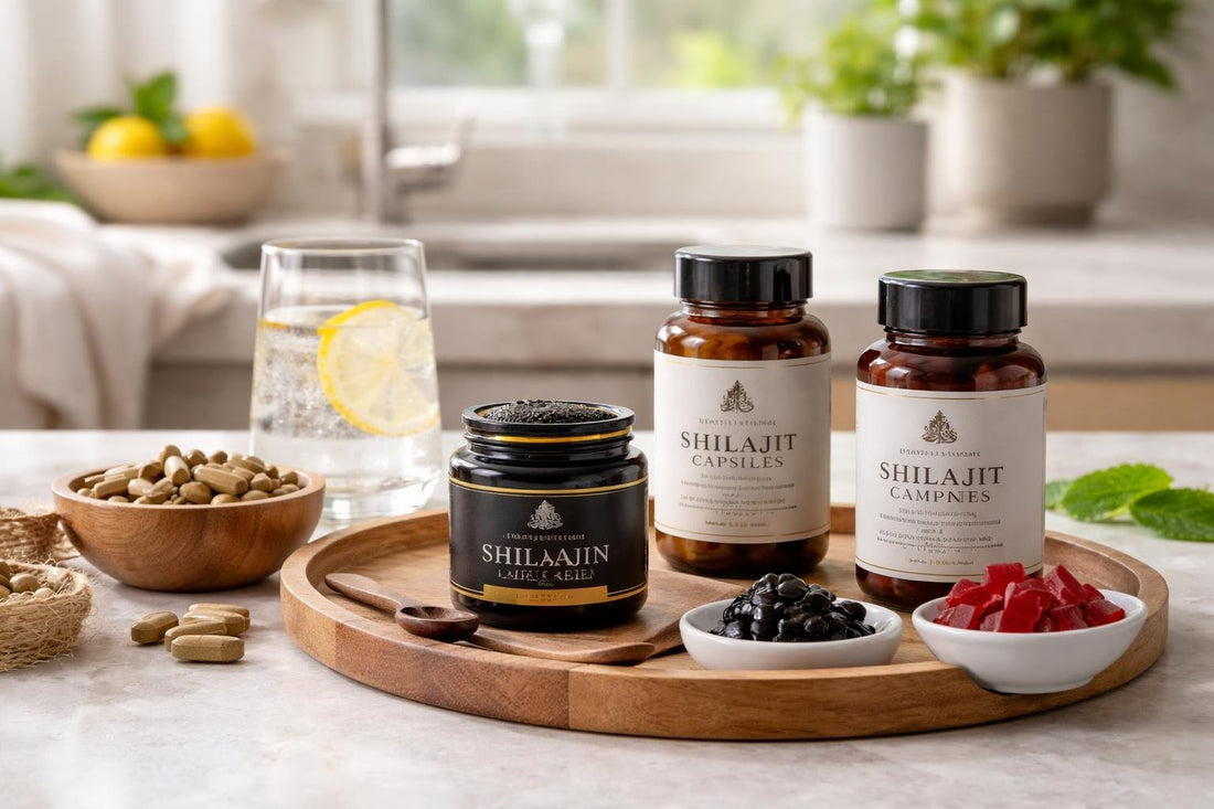 Assorted shilajit supplements: resin capsules gummies