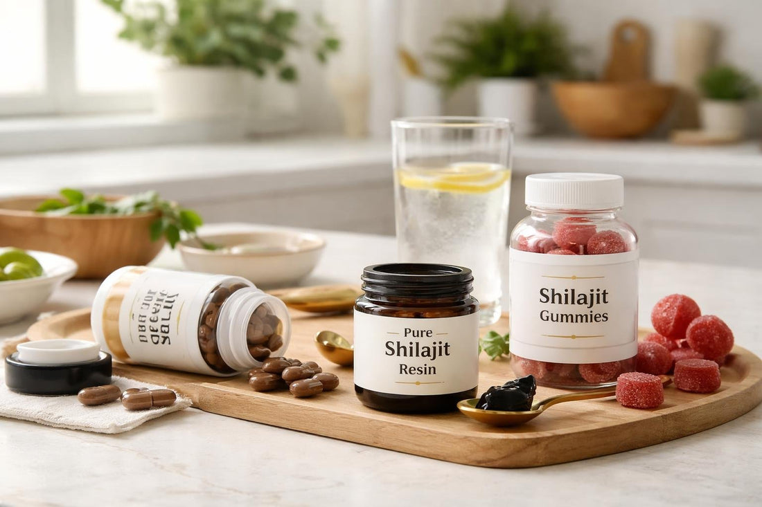 Selection of shilajit resin capsules and gummies