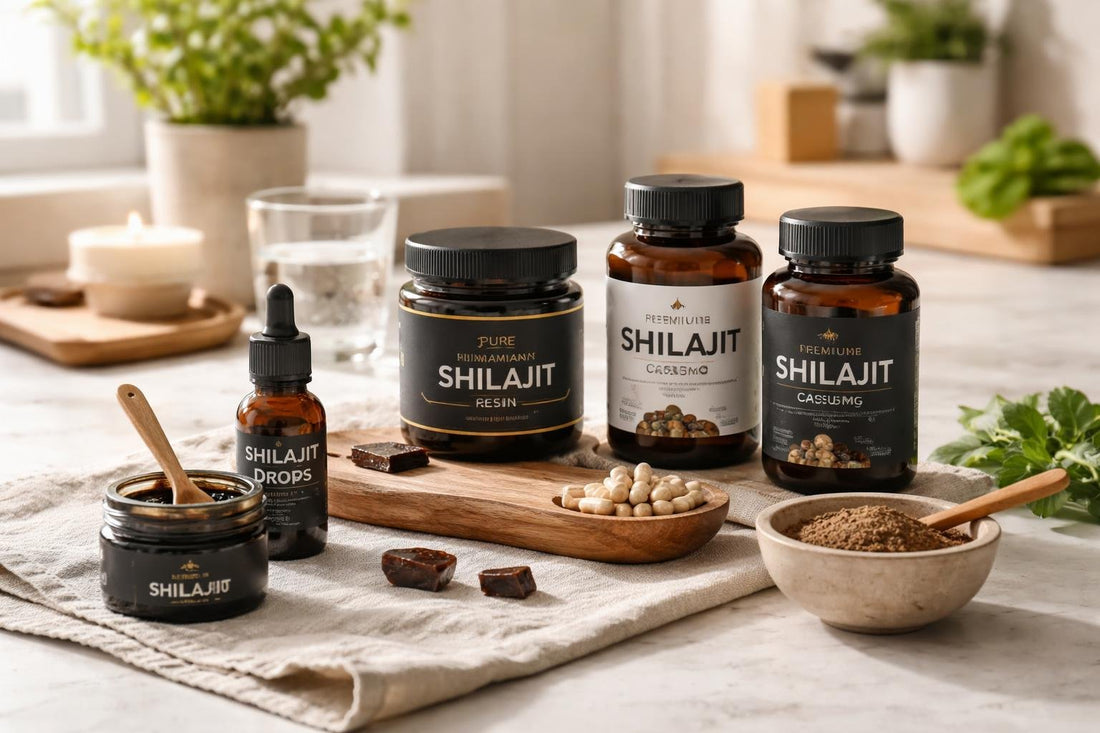 Assorted shilajit supplements and resin jars for