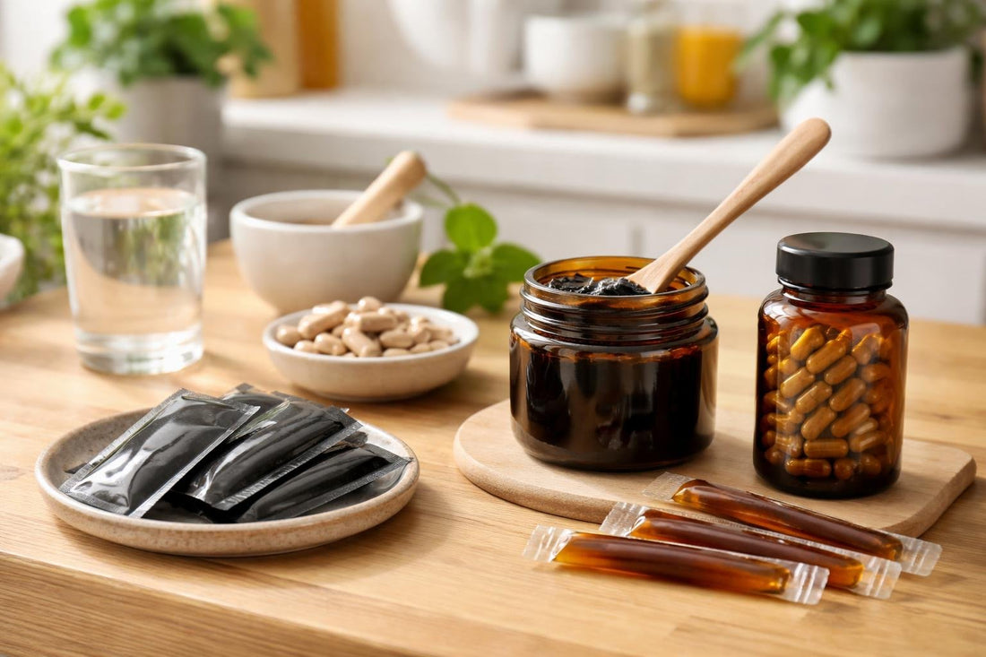 Jar and sachets of shilajit supplements on wooden table