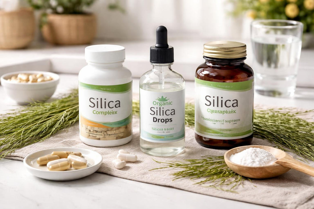 silica supplements bottles and horsetail herb flatlay