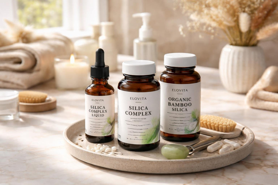 Silica mineral supplement bottles with seasonal UK skincare routine