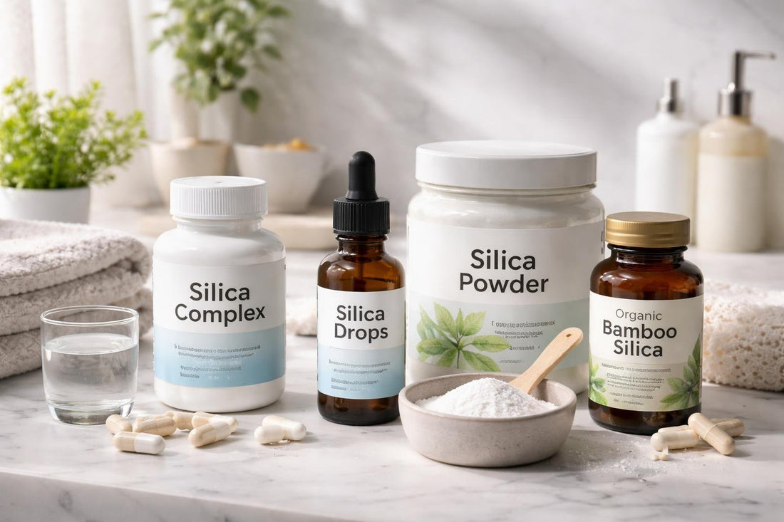 bottles and powders of silica supplements for skin hair nails