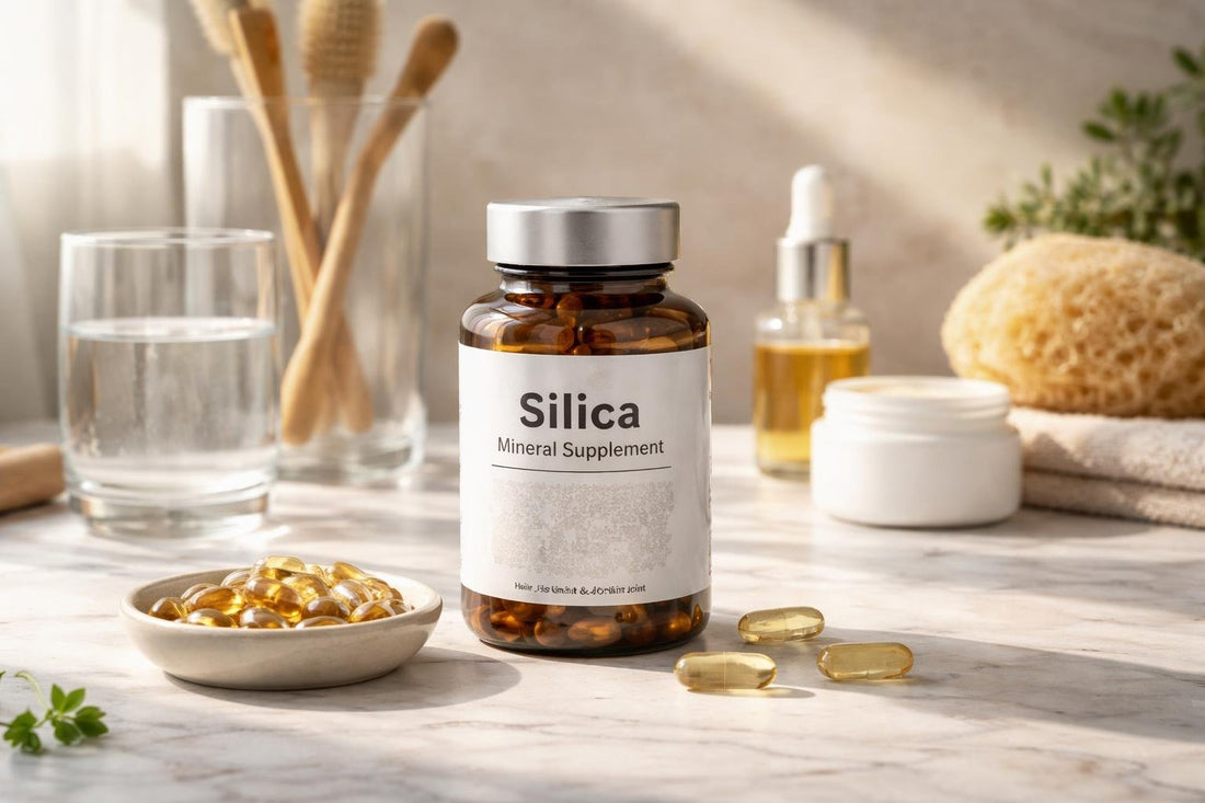 Bottle and capsules of silica supplements on table