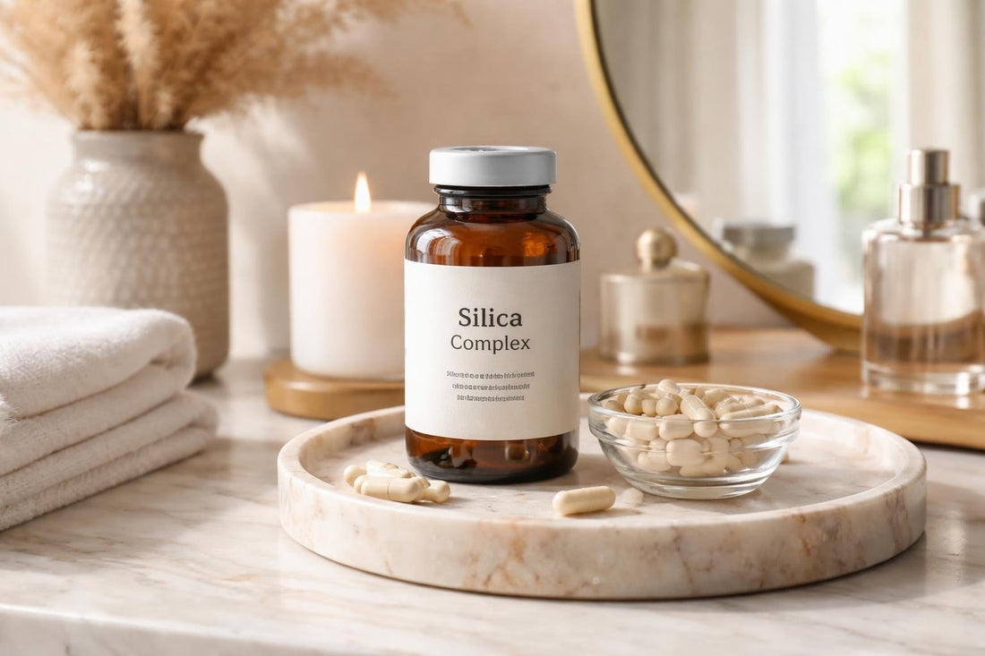 glass bottle and silica supplement capsules on table