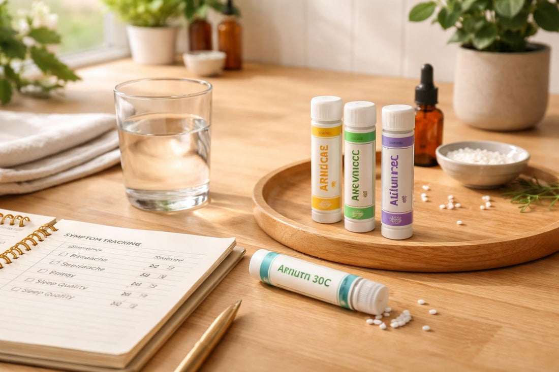 Single homeopathic remedy tablets beside a symptom tracking notebook