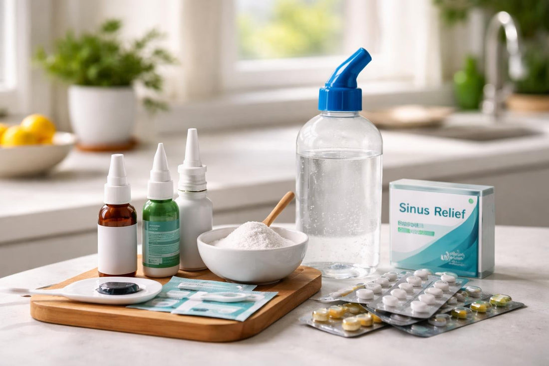 Sinus medicine essentials collection items on a table