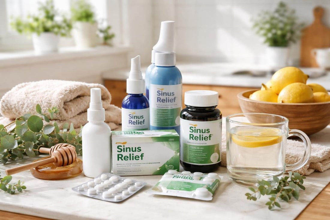 Sinus medicine essentials arranged for at-home sinus relief