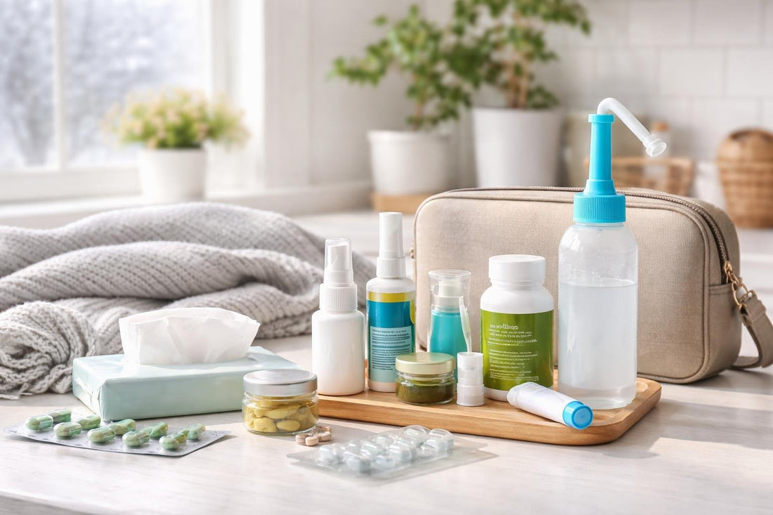 Travel and winter sinus care essentials laid out