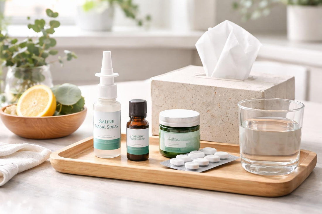 Sinus relief routine with saline spray and tissues