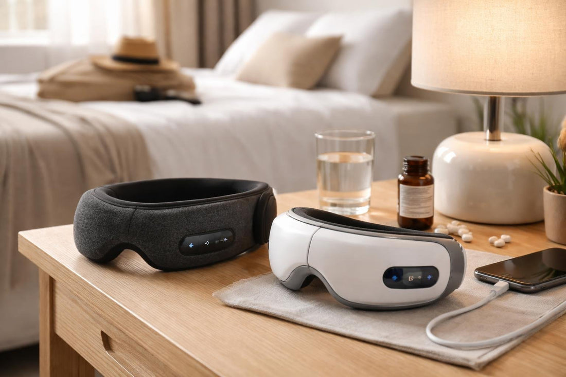 Travel sleep mask on a UK bedside table