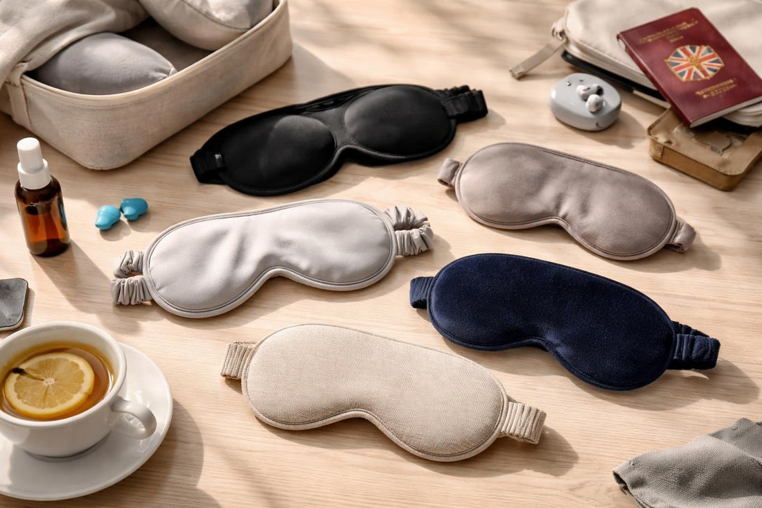 variety of travel sleep masks laid out for