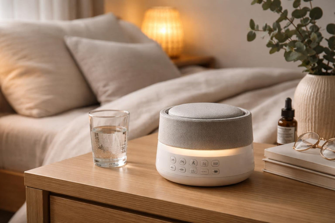 Sleep sound machine on bedside table in cosy bedroom