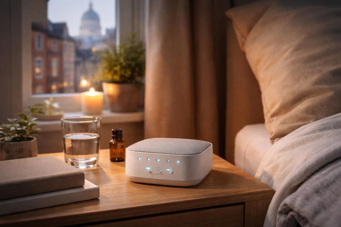 Compact sleep sound machine on bedside in London flat