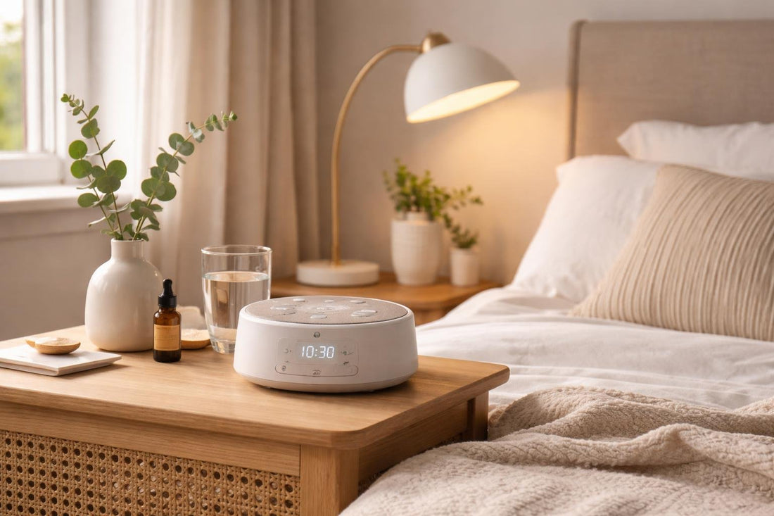 Sleep sound machine on bedside table in UK bedroom