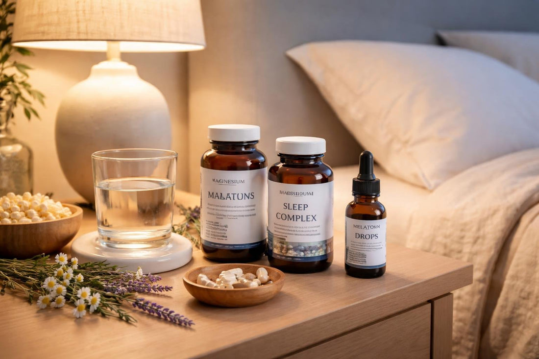 Herbal and nutritional sleep support routine on bedside table
