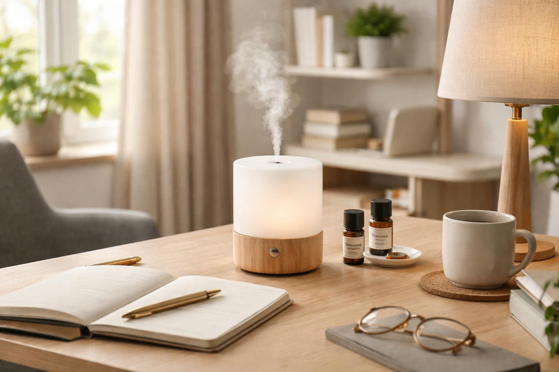 Compact aromatherapy diffuser on desk in small UK office
