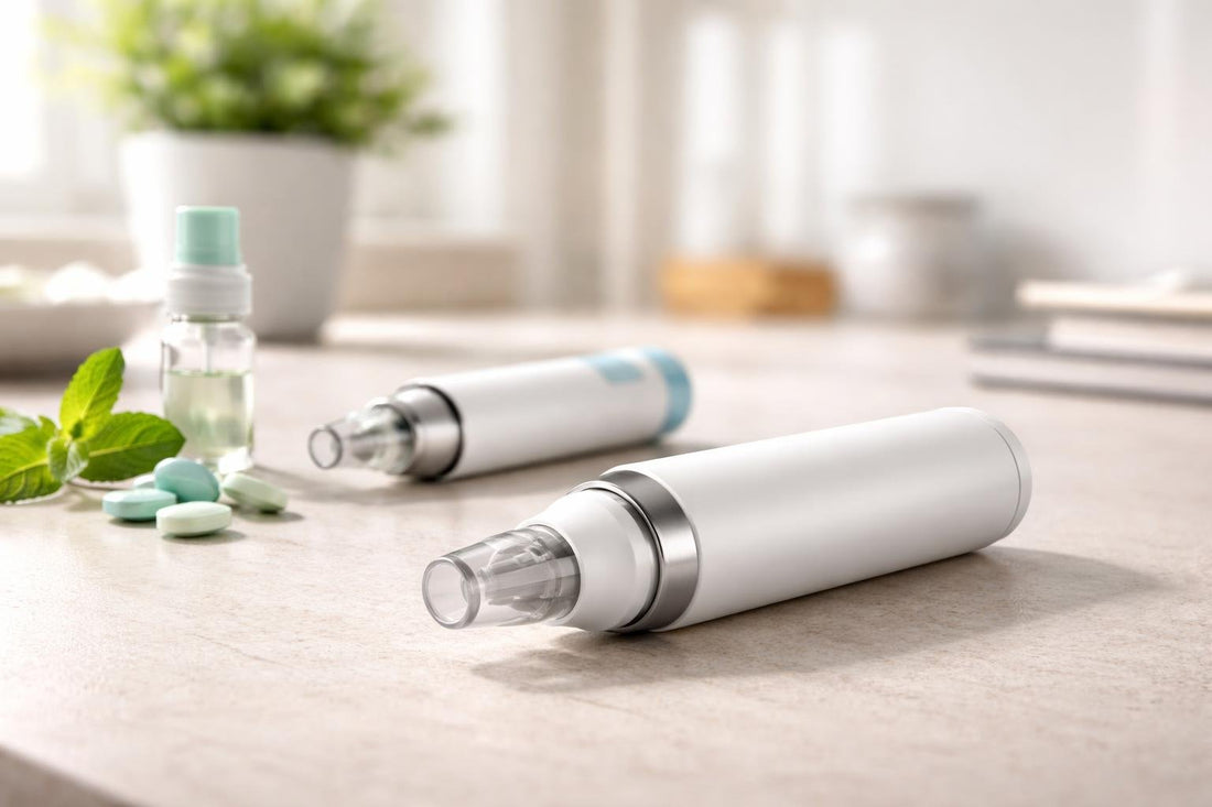Handheld smokeless inhaler close-up with mouthpiece